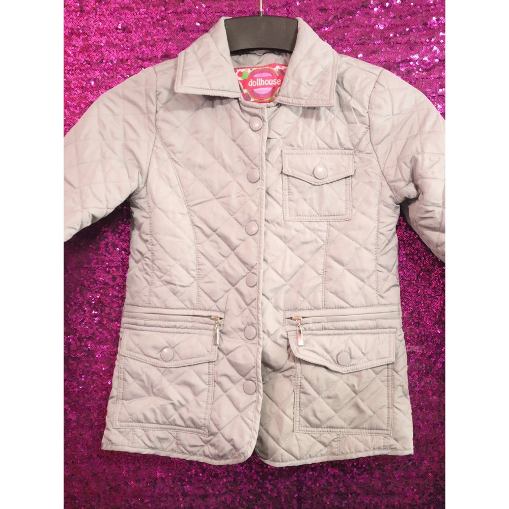 Silver Grey Quilted Jacket Size M 10/12 Dollhouse Girls Diamond Polka Dot Lining